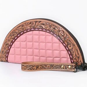 Southwestern Tooled Leather Taco Clutch Bag with Pink Quilted Body Floral Trim